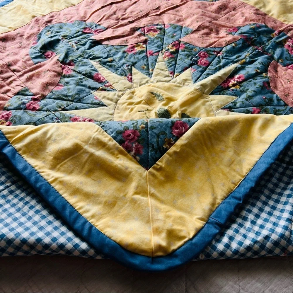 New Handmade Floral Sunburst Quilt - Pink, Blue, Yellow